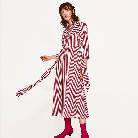 NWT Zara Red White Striped Belted Shirt Midi Dress - Picture 6 of 8